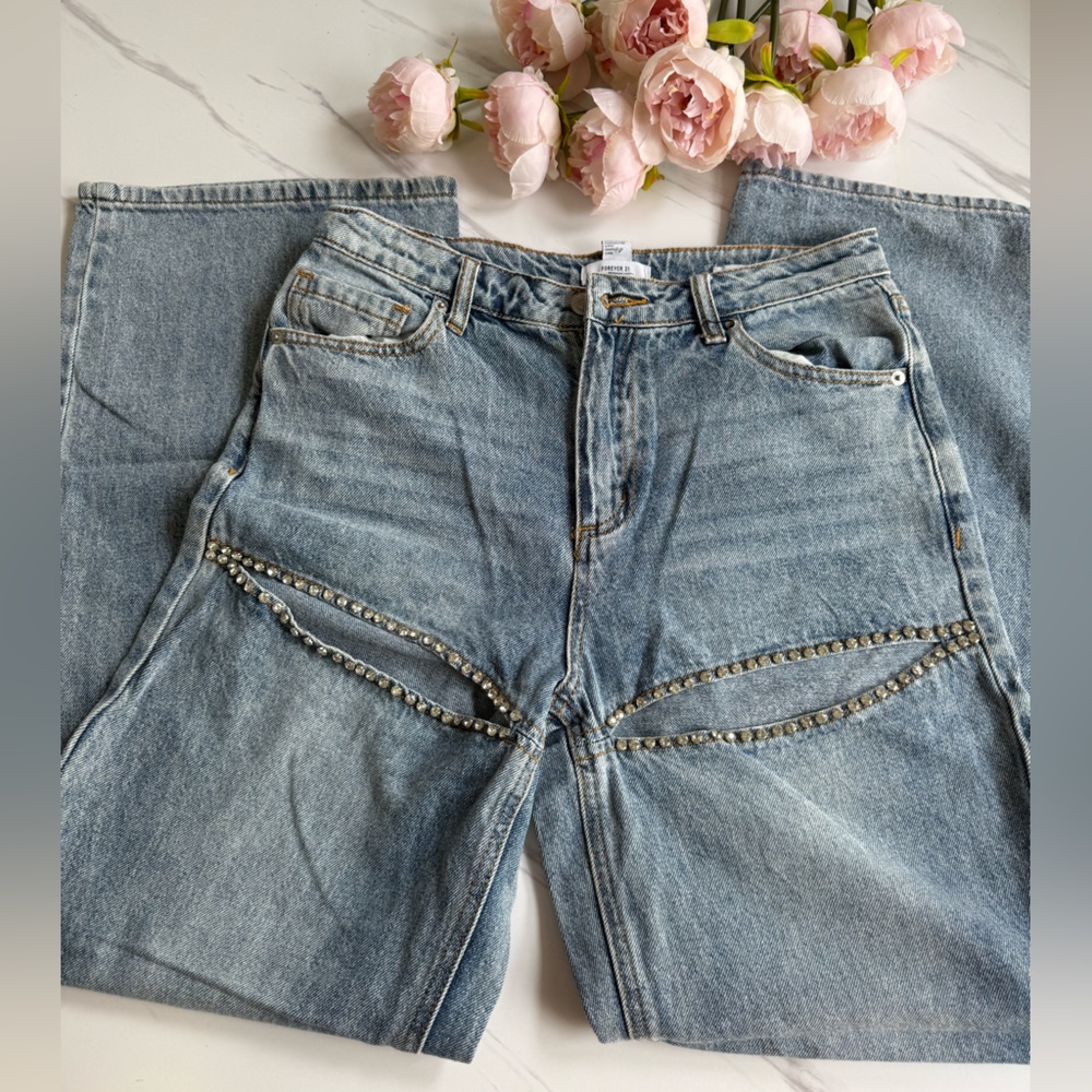Forever 21 Light Blue Straight Leg Jeans with Stud Accents